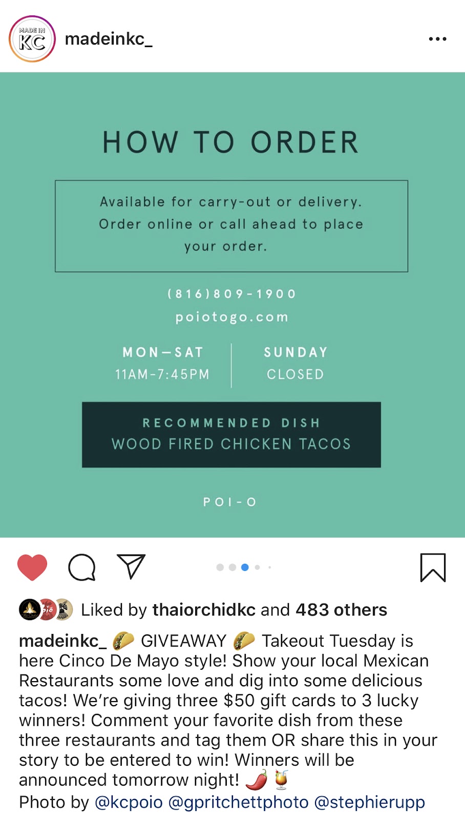 Instagram screenshot from a madeinkc_ post with a graphic explaining how to place a takeout order from kcpoio