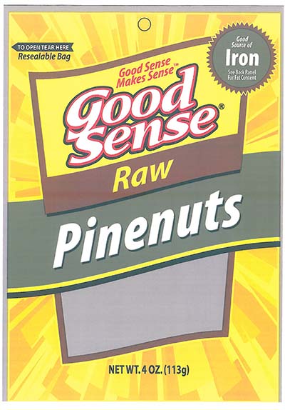 Front Label, Good Sense Raw Pinenuts, NET WT. 4 OZ. (113g) bag
