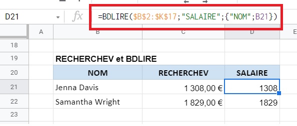 Google Sheets - Fonctions BDLIRE et RECHERCHEV