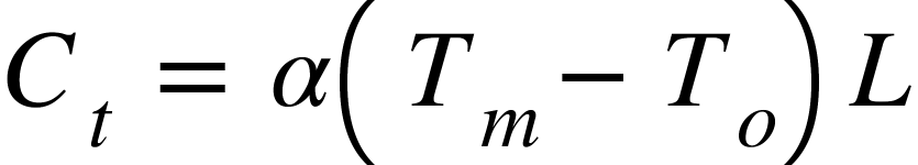 <math xmlns="http://www.w3.org/1998/Math/MathML"><msub><mi>C</mi><mi>t</mi></msub><mo>&#xA0;</mo><mo>=</mo><mo>&#xA0;</mo><mi>&#x3B1;</mi><mfenced><mrow><msub><mi>T</mi><mi>m</mi></msub><mo>-</mo><msub><mi>T</mi><mi>o</mi></msub></mrow></mfenced><mi>L</mi></math>