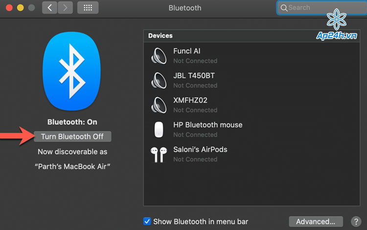 Tắt Bluetooth trên MacBook khi không dùng