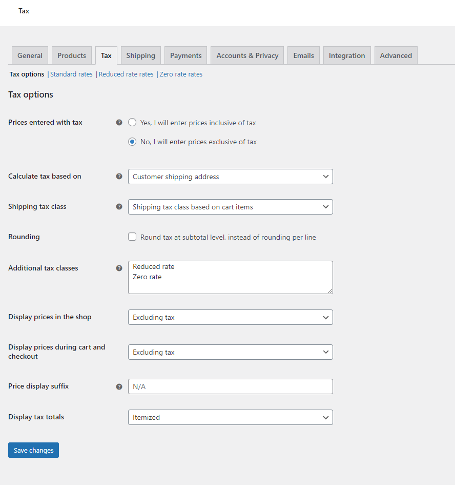 WooCommerce store's tax settings