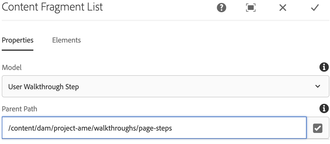 AEM Content Fragment List dialog, Properties tab