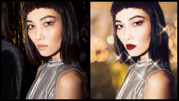 Montagem com 2 fotos de uma mulher asiática posando de lado mostrando o antes e depois da edição.