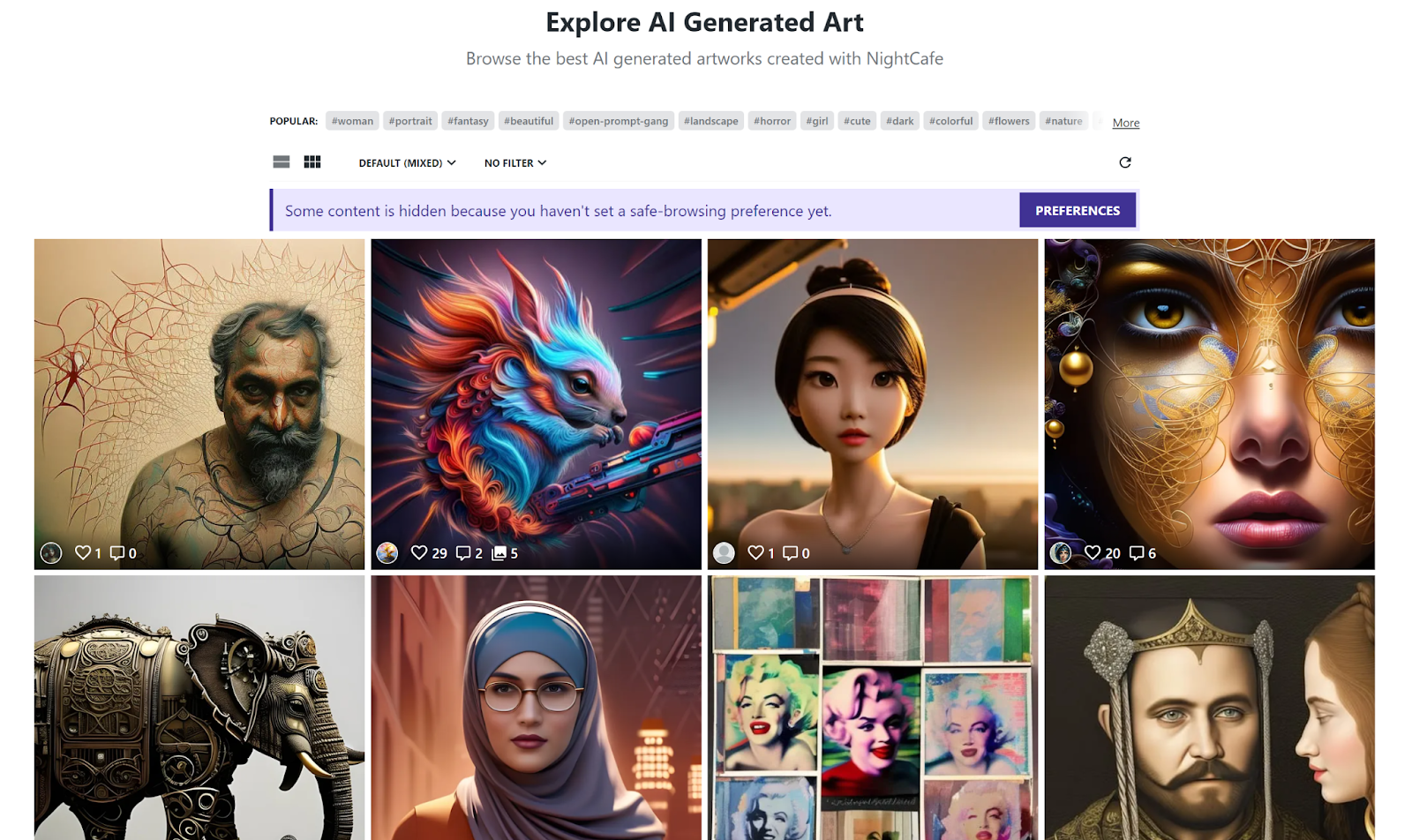 NightCafe AI art community page.