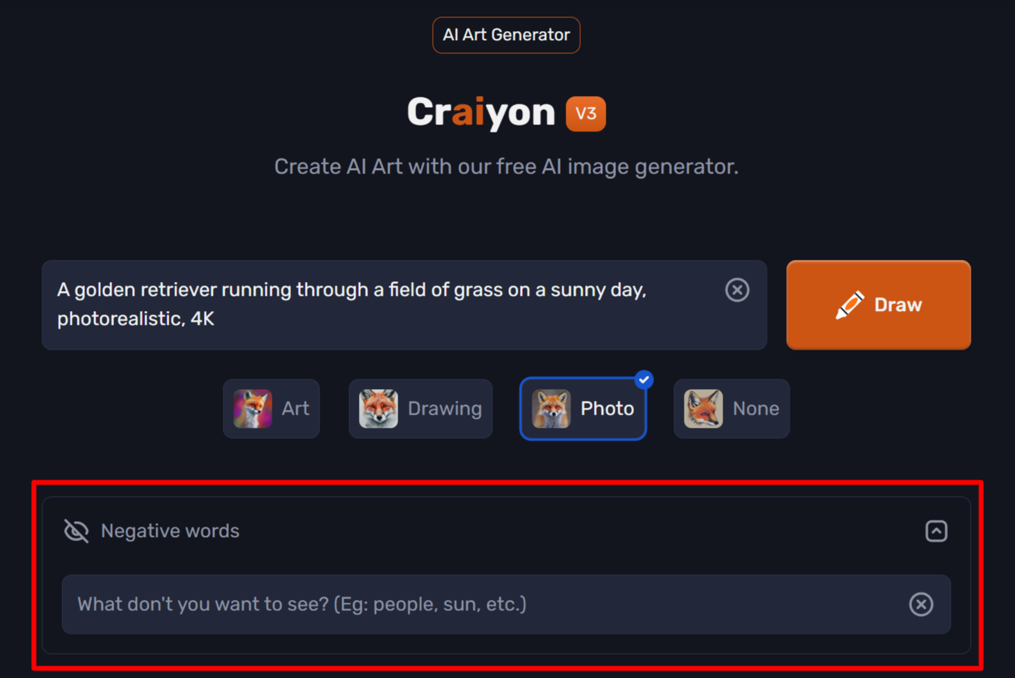 The option to add negative words when using Craiyon AI.