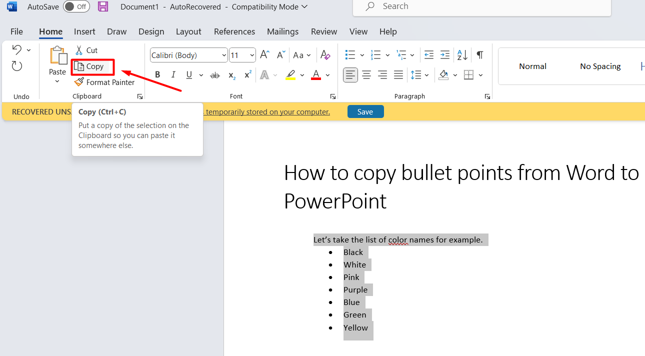 How to Copy Bullet Format from Word to Document - Click on the Copy Option