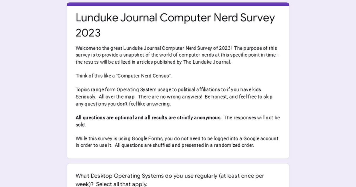 Lunduke Journal Computer Nerd Survey 2023