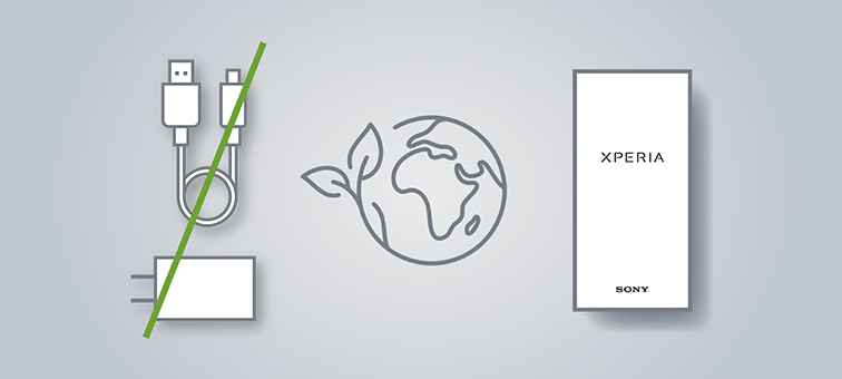 Illustration of a USB cable with a green line crossing it out, plus an icon of planet Earth and an Xperia smartphone