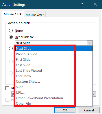 how to add a hyperlink in Powerpoint- List of Hyperlink to Options