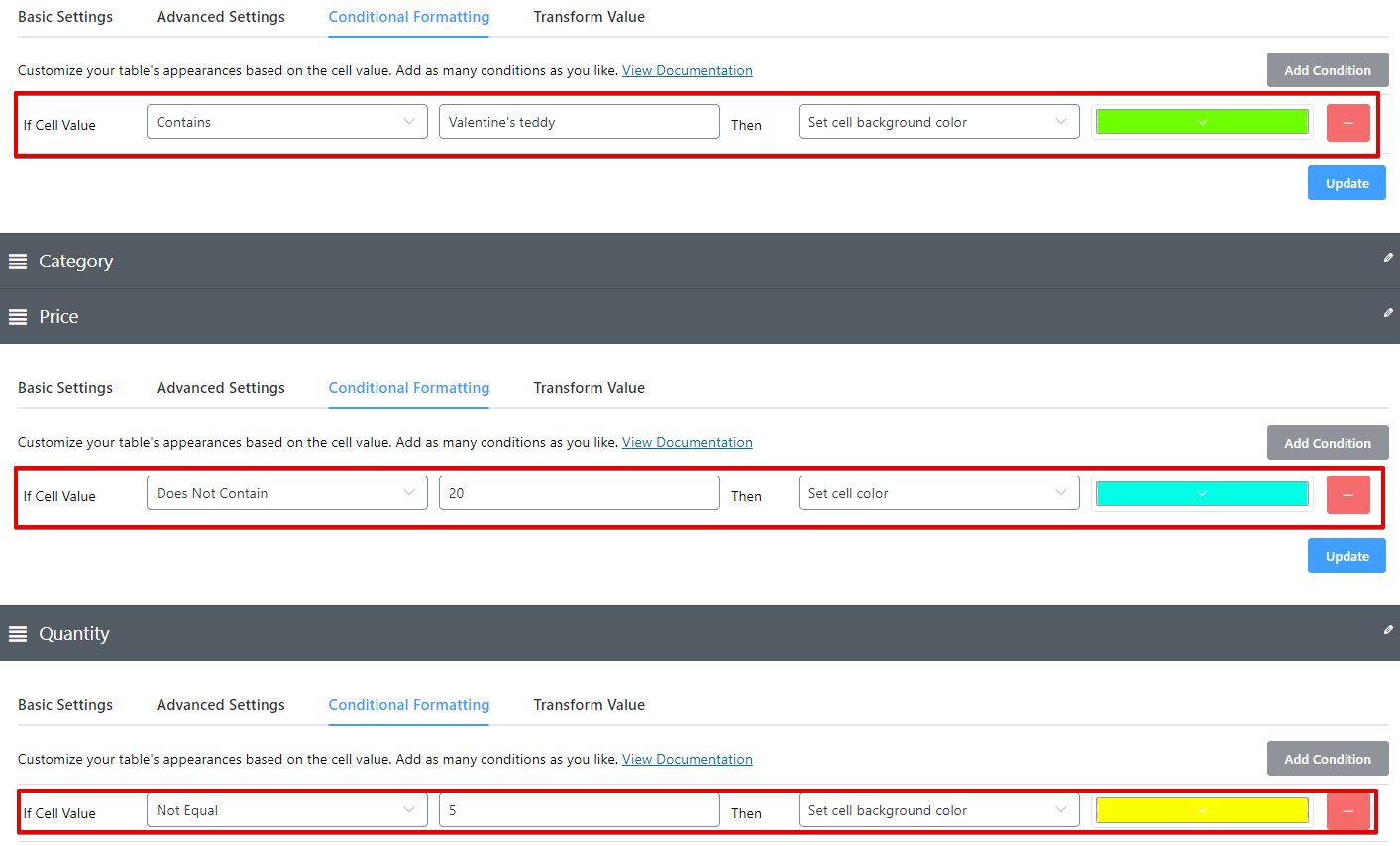 WooCommerce Ninja Tables conditional format