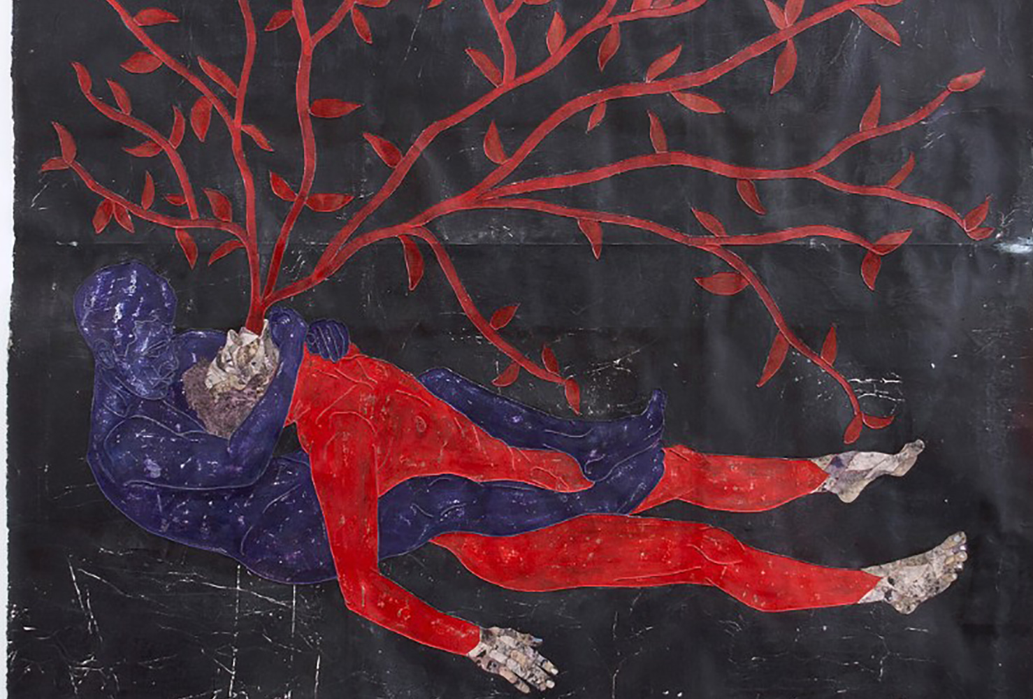 Contemporary art by Felipe Baeza, man lying on the foor, roots coming out of his body