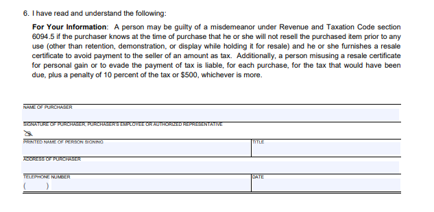 California Certificate of Resale Application