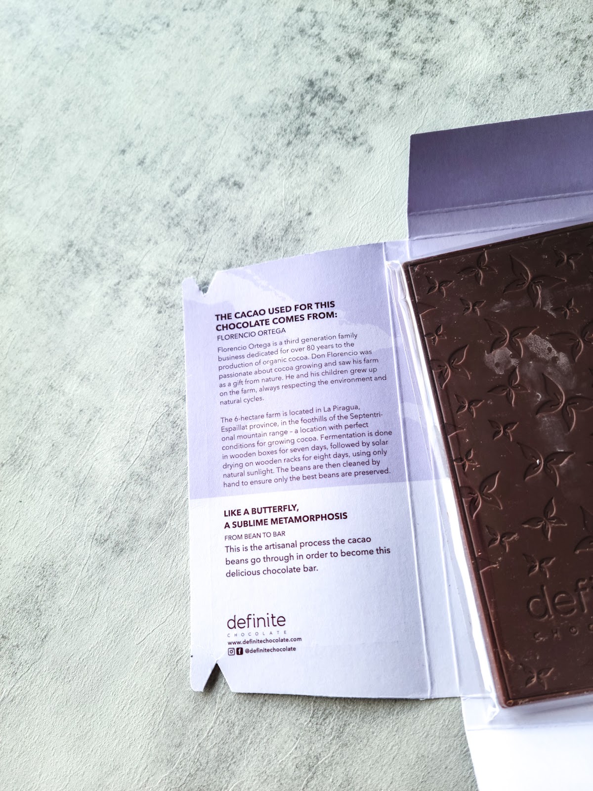 Story inside Definite Milk Chocolate packaging