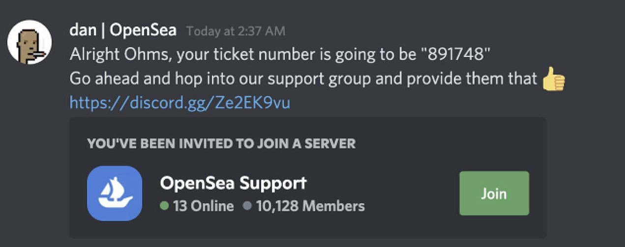 Scammer sending an invite to a fake OpenSea support server