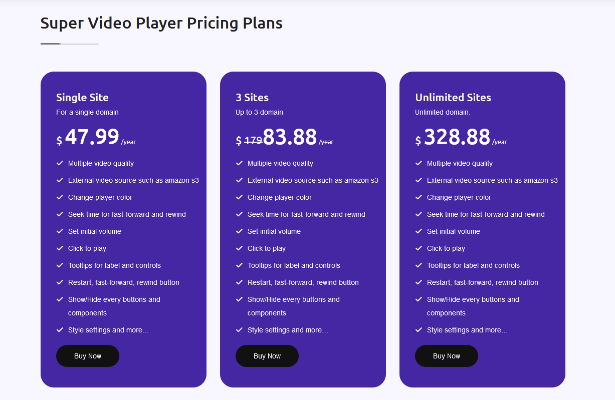 A screenshot of the Super Video Player pricing