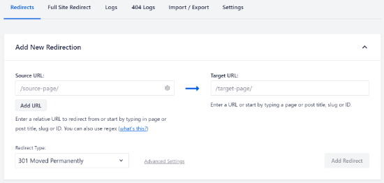 Insira o URL de origem e o URL de destino