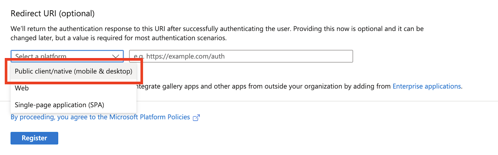 Application registration interface with an expanded dropdown for 'Redirect URI' platform selection, set to 'Public client/native (mobile & desktop)'.