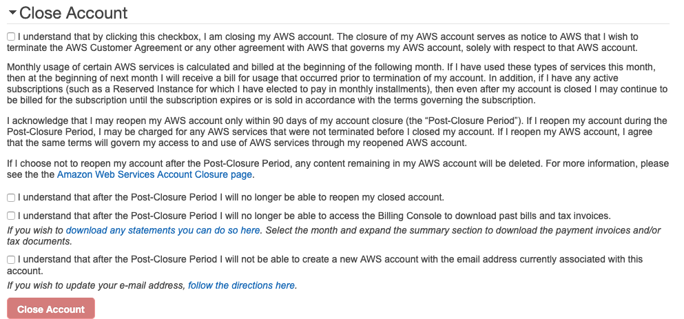 Select the check box to accept the terms and then choose Close Account