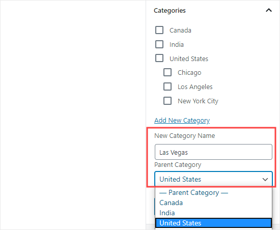 Adicionando uma nova categoria filha ao criar uma postagem