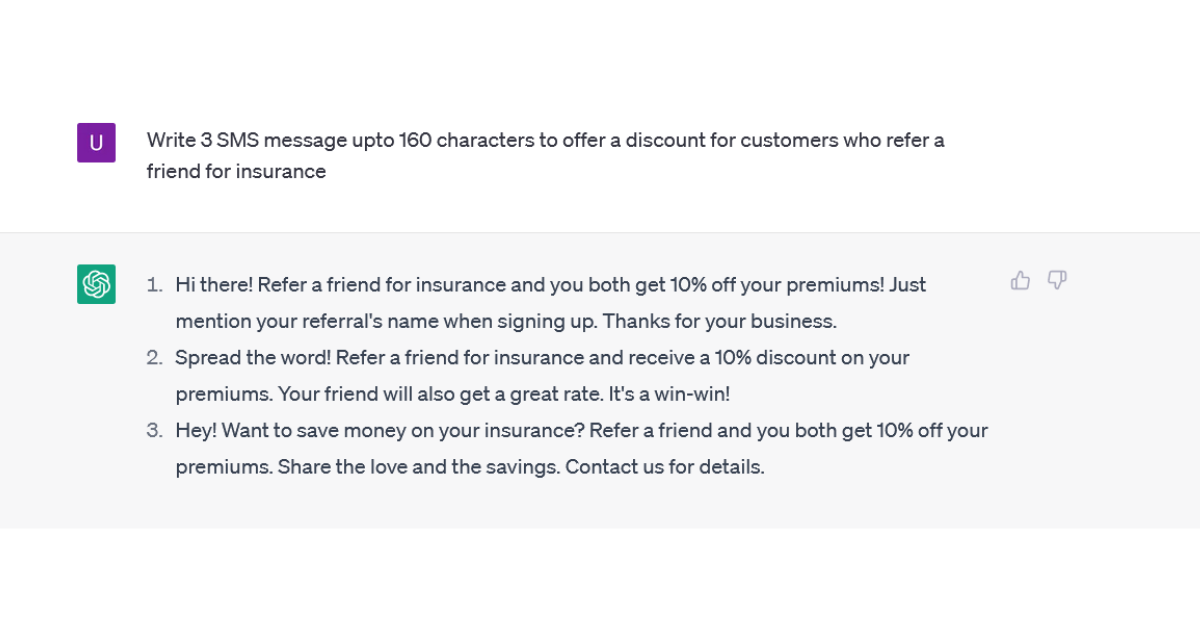 chatgpt prompt and response to generate sms for discount on referral