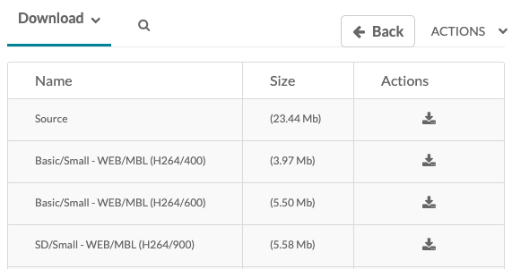 Screenshot of the table under the Download tab, with the Actions column and download icons on the right
