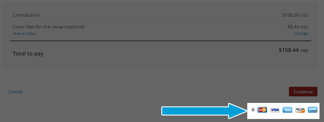 Screenshot of the end of the checkout flow. Under the total charges, on the bottom right side of the image, is a 'Continue' button, and under that shows the logos of the payment options available (in this example, they are Mastercard, Visa, AmEx, Discover, and Bank payment. It's important to note in this case that the payment is run in USD - not every country will allow bank payments. 