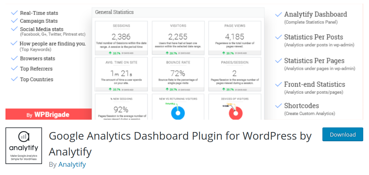 analytify wordpress google analytics plugin header