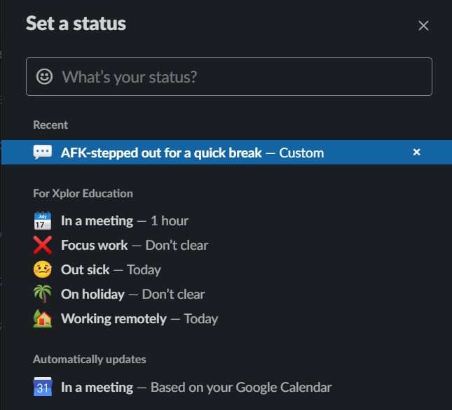 A screenshot of the various Slack statuses you can set including Focus Work, Out Sick, and On Holiday.
