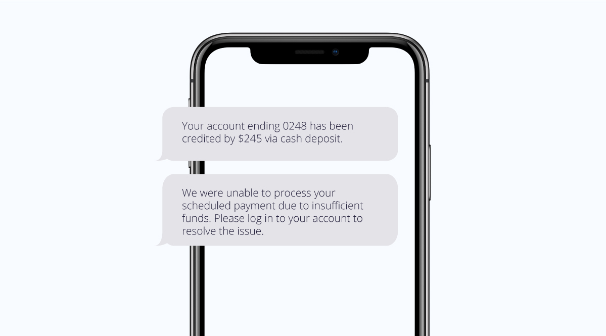Phone showing 2 SMS credit alerts as benefits of bulk sms for financial services
