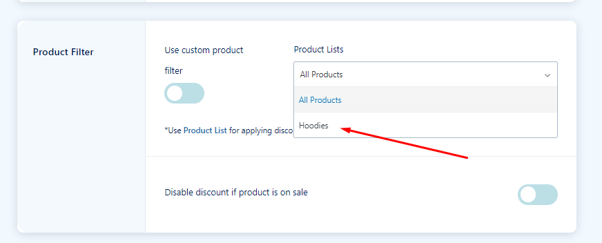 select product filter for Dynamic pricing and discounts