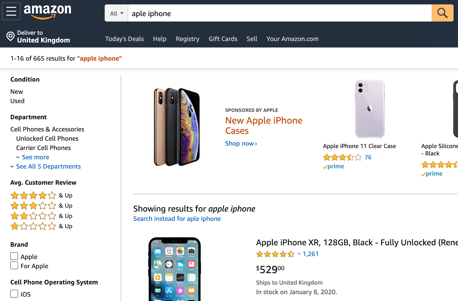 Amazon's search results employ auto-correct for obvious typos to prevent unnecessary error messages.