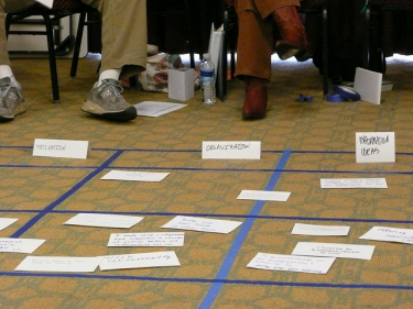 White flash cards with writing are placed within squares of blue painter's tape laid out on the floor. You can see multiple people's feet. 