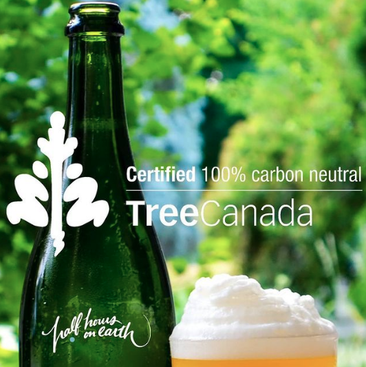 A graphic with the words 'Certified 100% Carbon Netural by Tree Canada' and the Half Hours on Earth logo in front of a bottle of beer with a green treed background