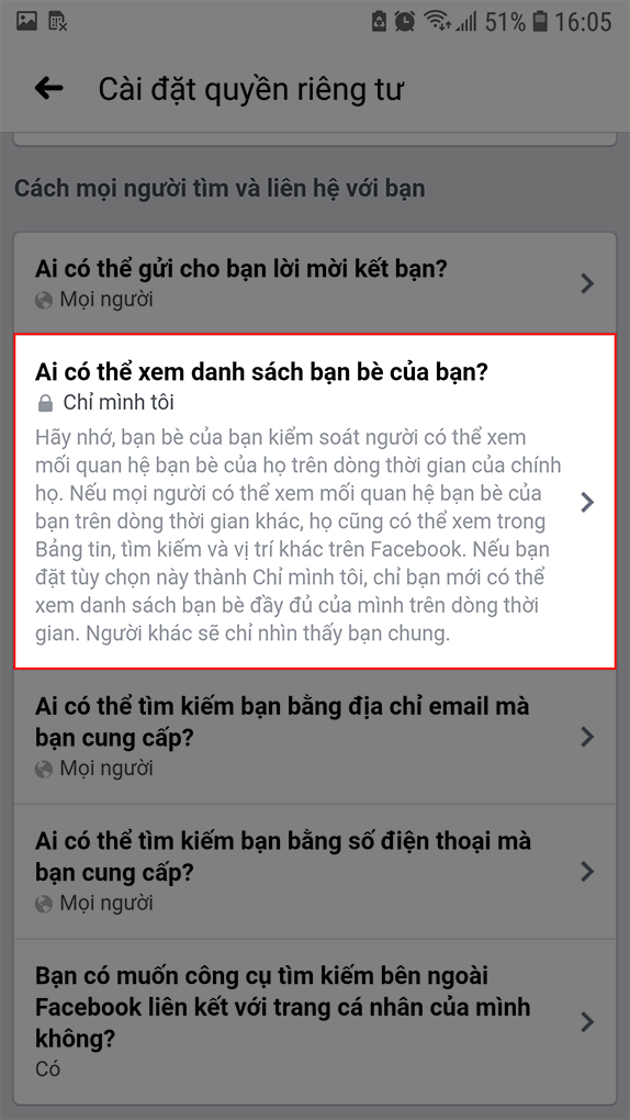 Quyền riêng tư danh sách bạn bè Facebook trên điện thoại