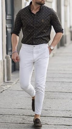black shirt white pants