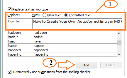 Replace the line of text to create a new autocorrect entry