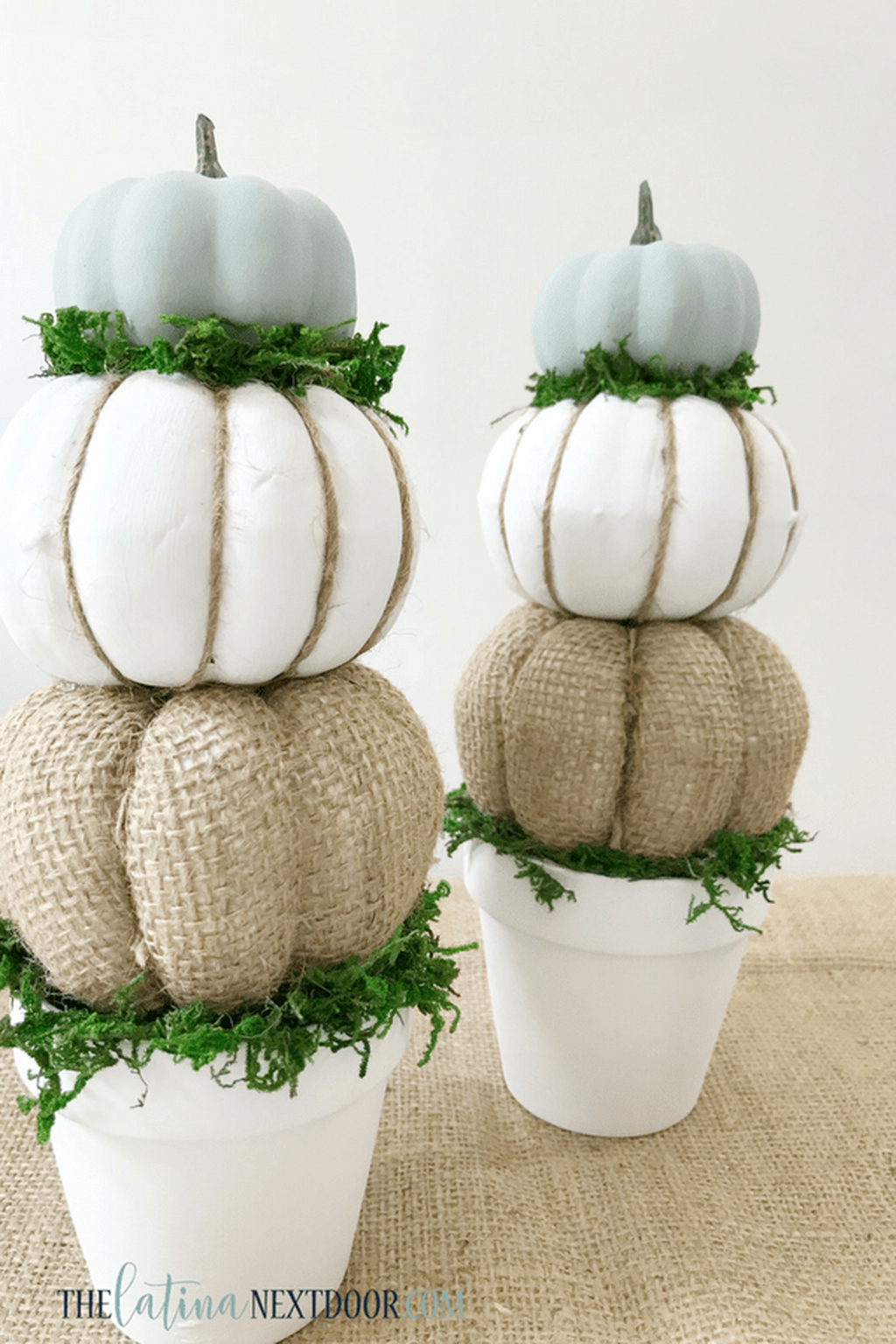 DIY pumpkin craft with white plant pot. pot holds three stacked pumpkins that are neutral colored