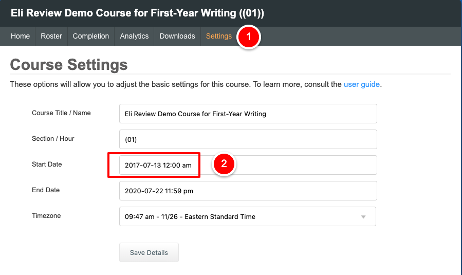 In Eli Review, Settings show the start time of the course.