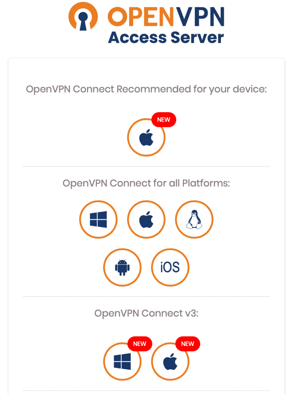 A screenshot of the OpenVPN interface showing download options for its OpenVPN Connect app.