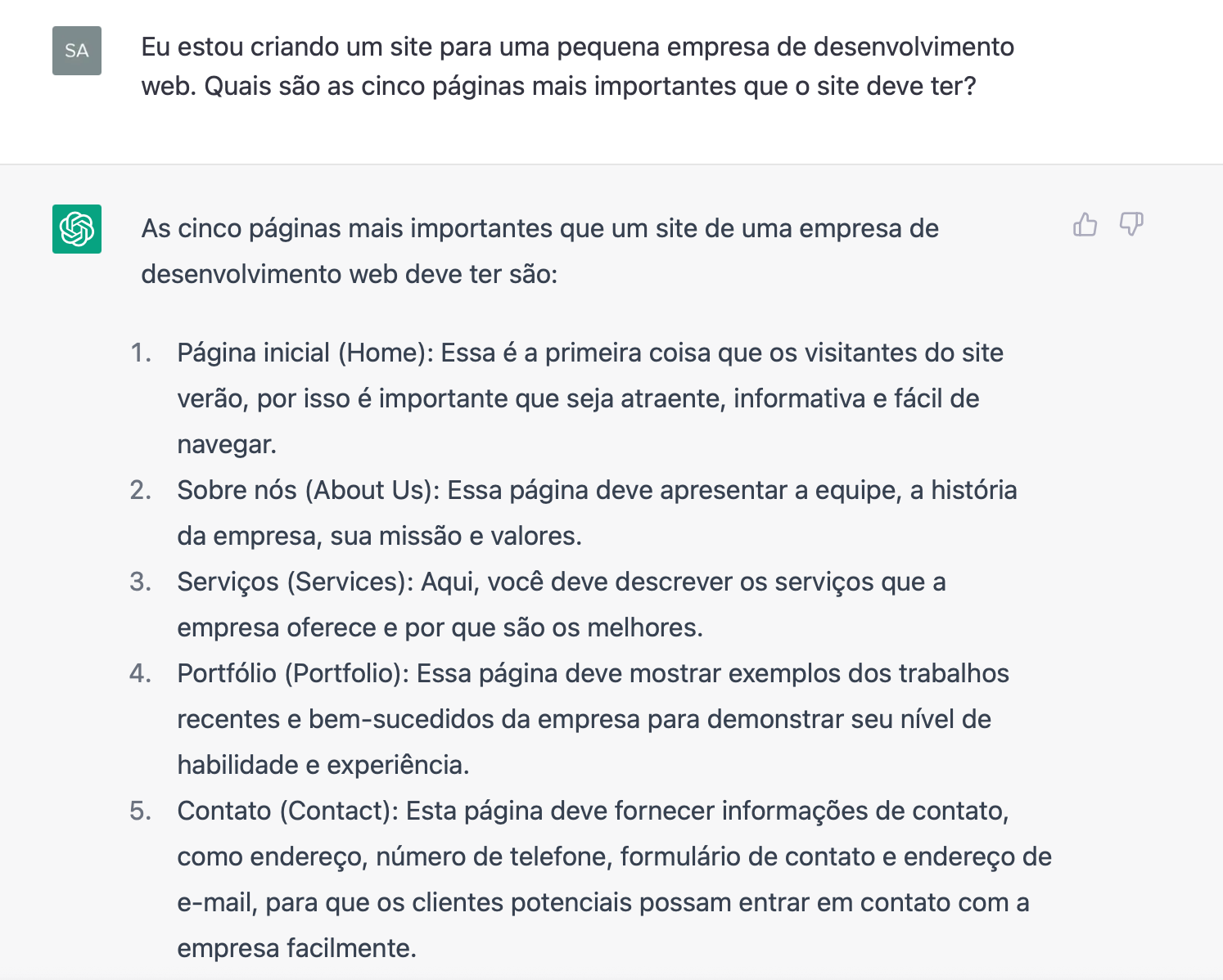 chatgpt listando as cinco principais páginas de um site