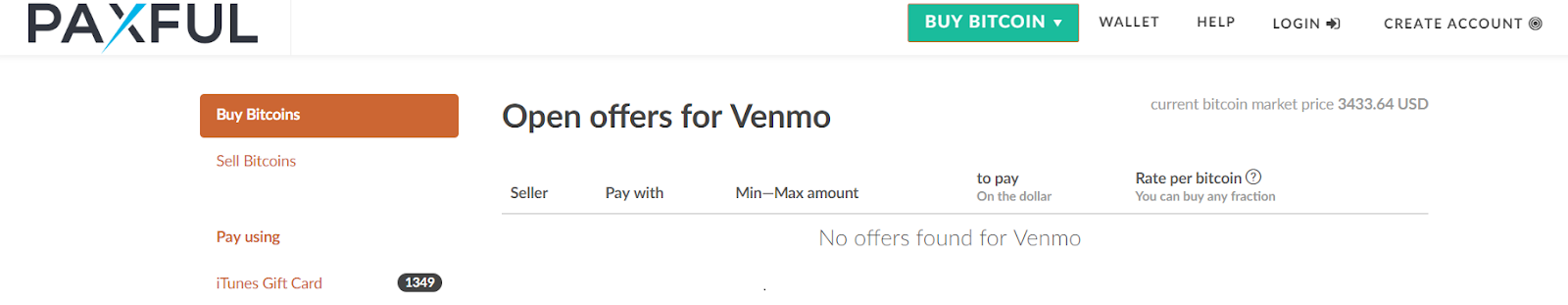 Paxful open offers for Venmo screen.