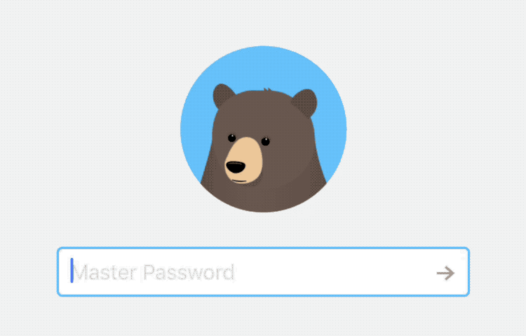 An animated illustration of a bear looking down while a hand types a password on a computer.