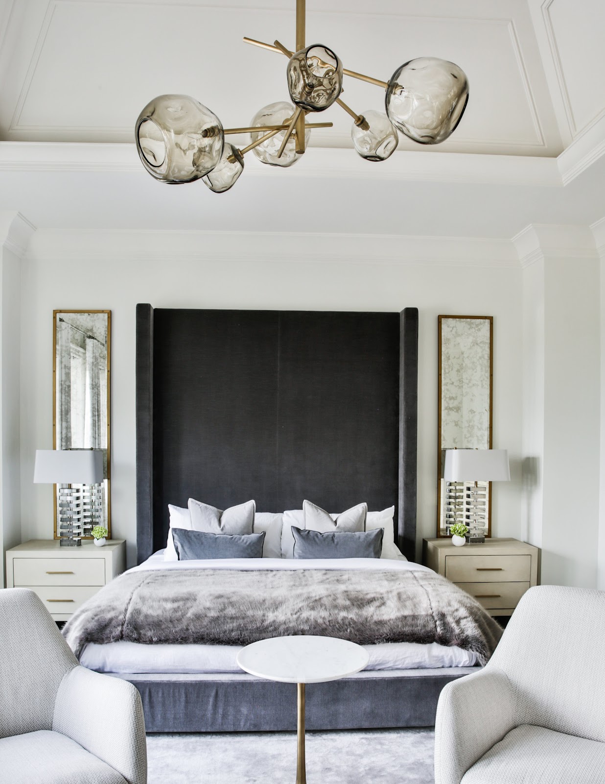 Statement lighting, Master Suite, Gold and Gray Accents 