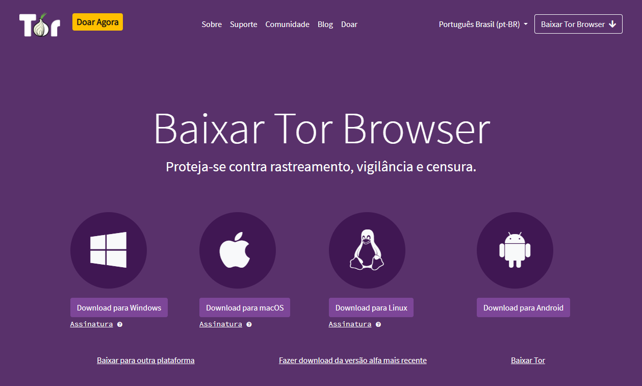 Página de download do site do navegador anônimo Tor