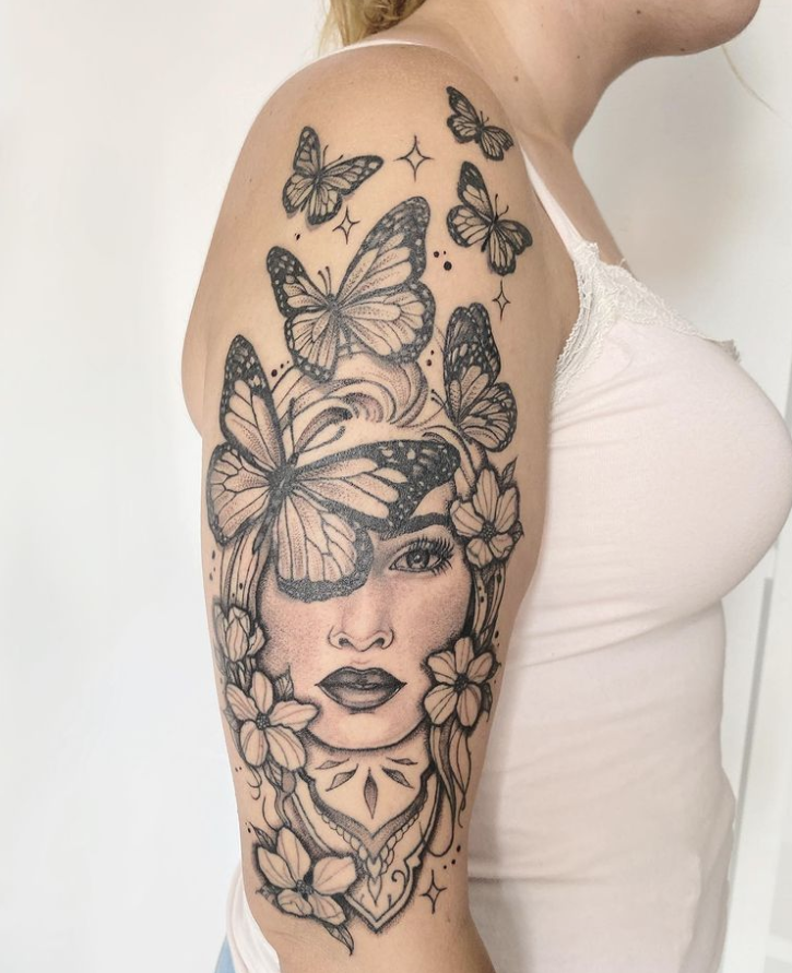 Butterfly And Flowers Covered Grey Shaded