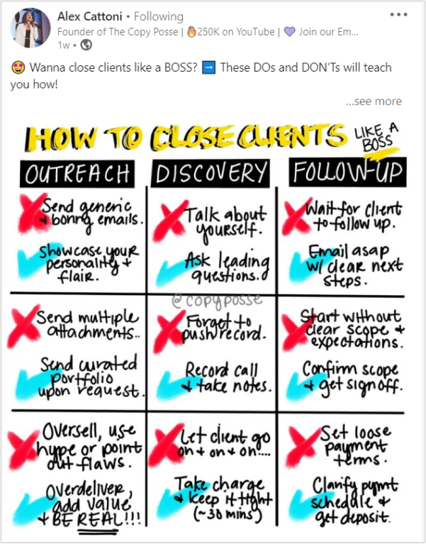 Alex Cattoni shared a LinkedIn post about the dos and don'ts of finding clients.