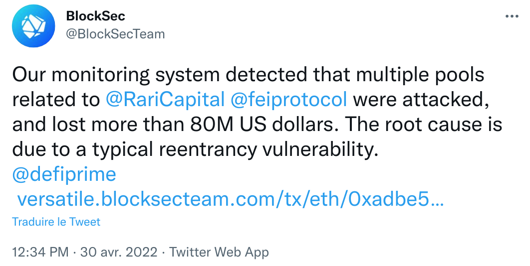 Tweet de BlockSec qui annonçait l'attaque du hack de Raricapital