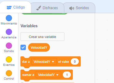 Cómo saltar en Scratch nivel intermedio. Salto con gravedad. Crear variable.