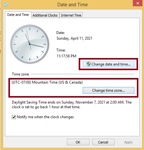 Change your system’s time and date properly to fix Update Error 0x80072efe